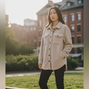 KORI Sherpa Fleece Shacket Oatmeal Beige Button Front Size M